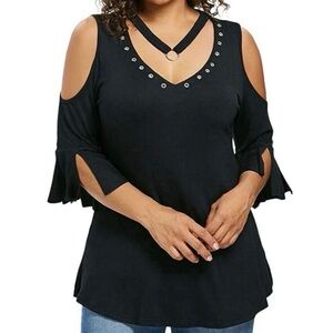 Black Cold-Shoulder V-Neck Top with Ring Strap